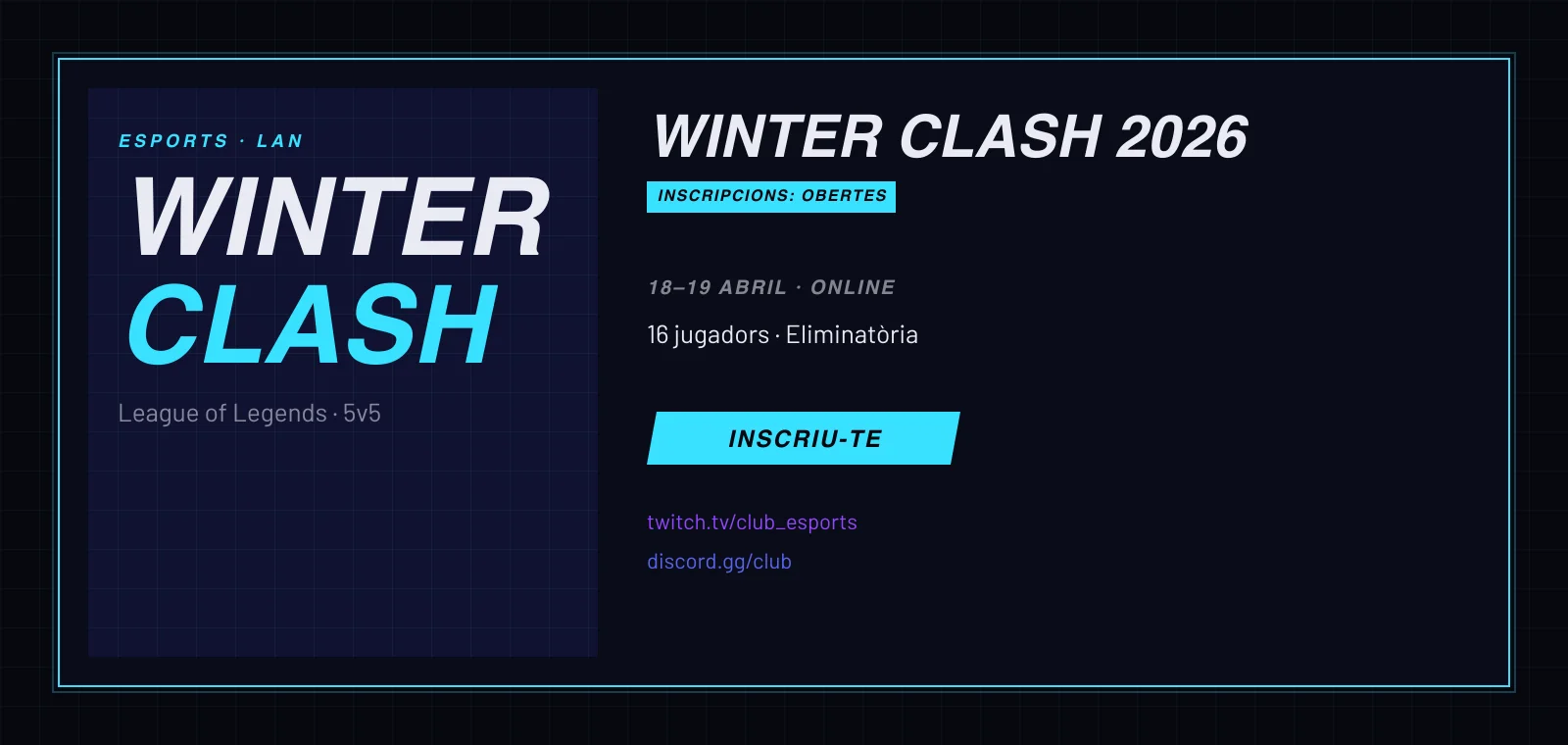 Pàgina d’un torneig d’eSports amb inscripció i enllaços a Twitch i Discord