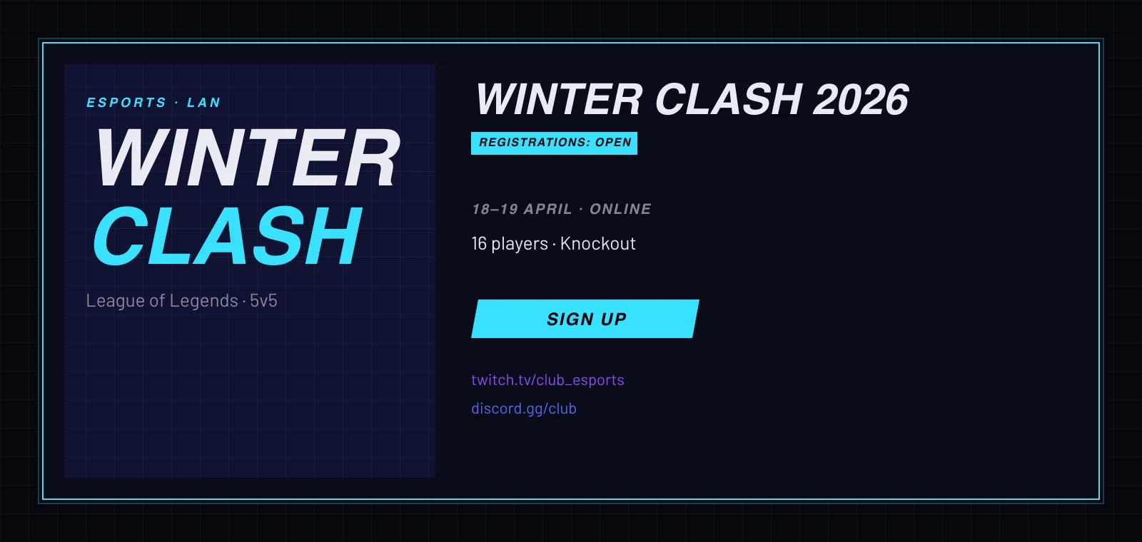 eSports tournament page with sign-up and Twitch and Discord links