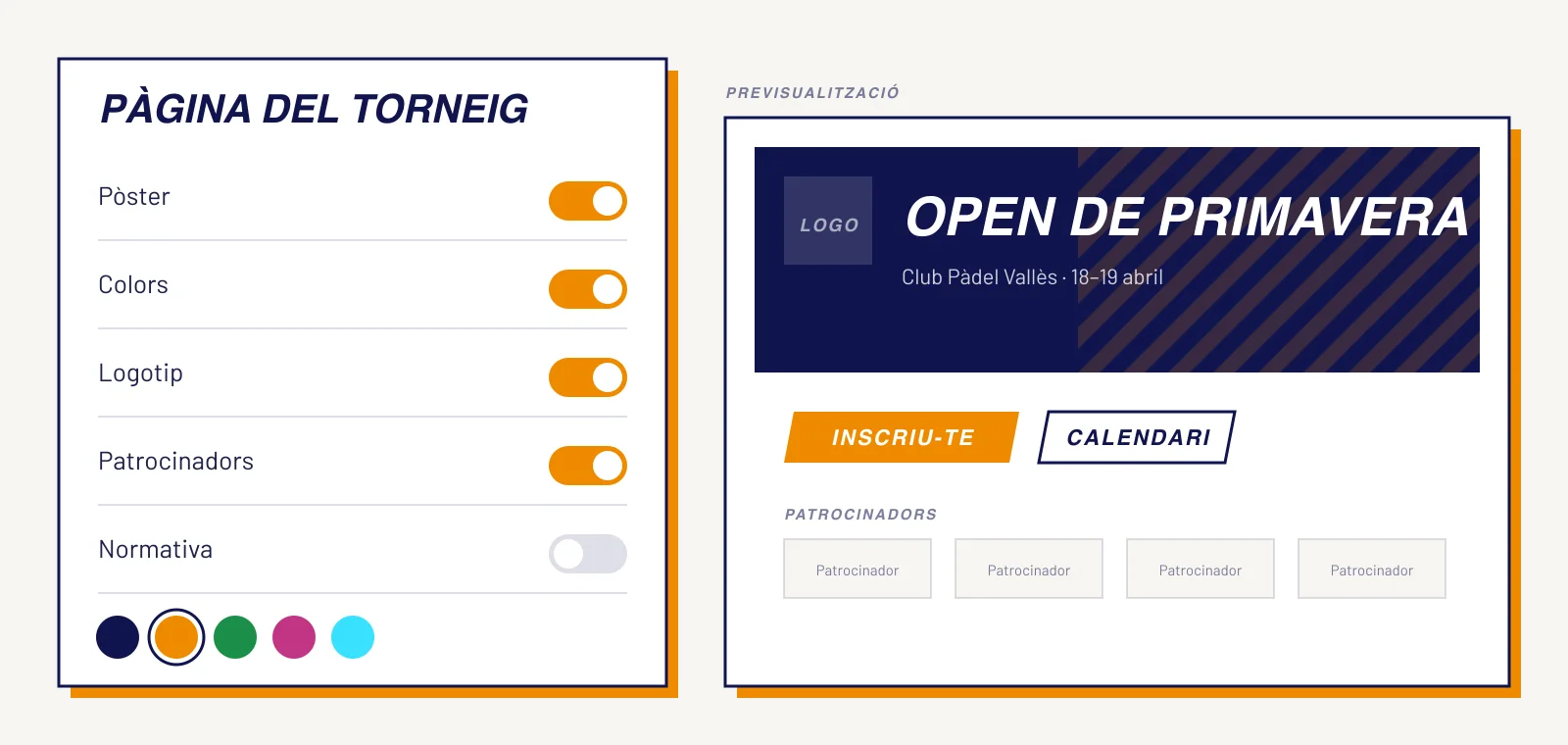 Opcions de personalització de la pàgina del torneig i previsualització