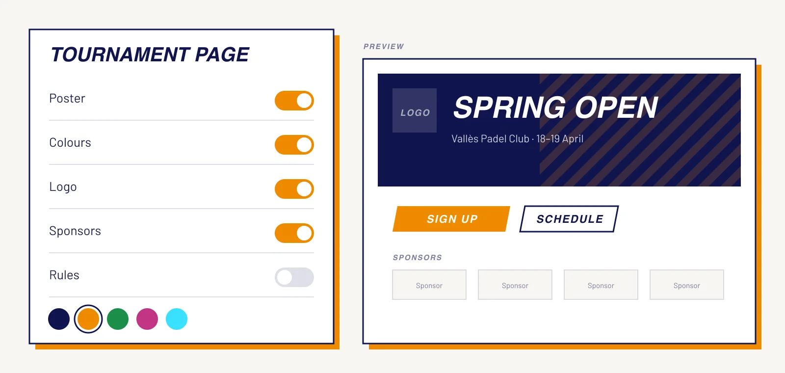 Tournament page customisation options and preview