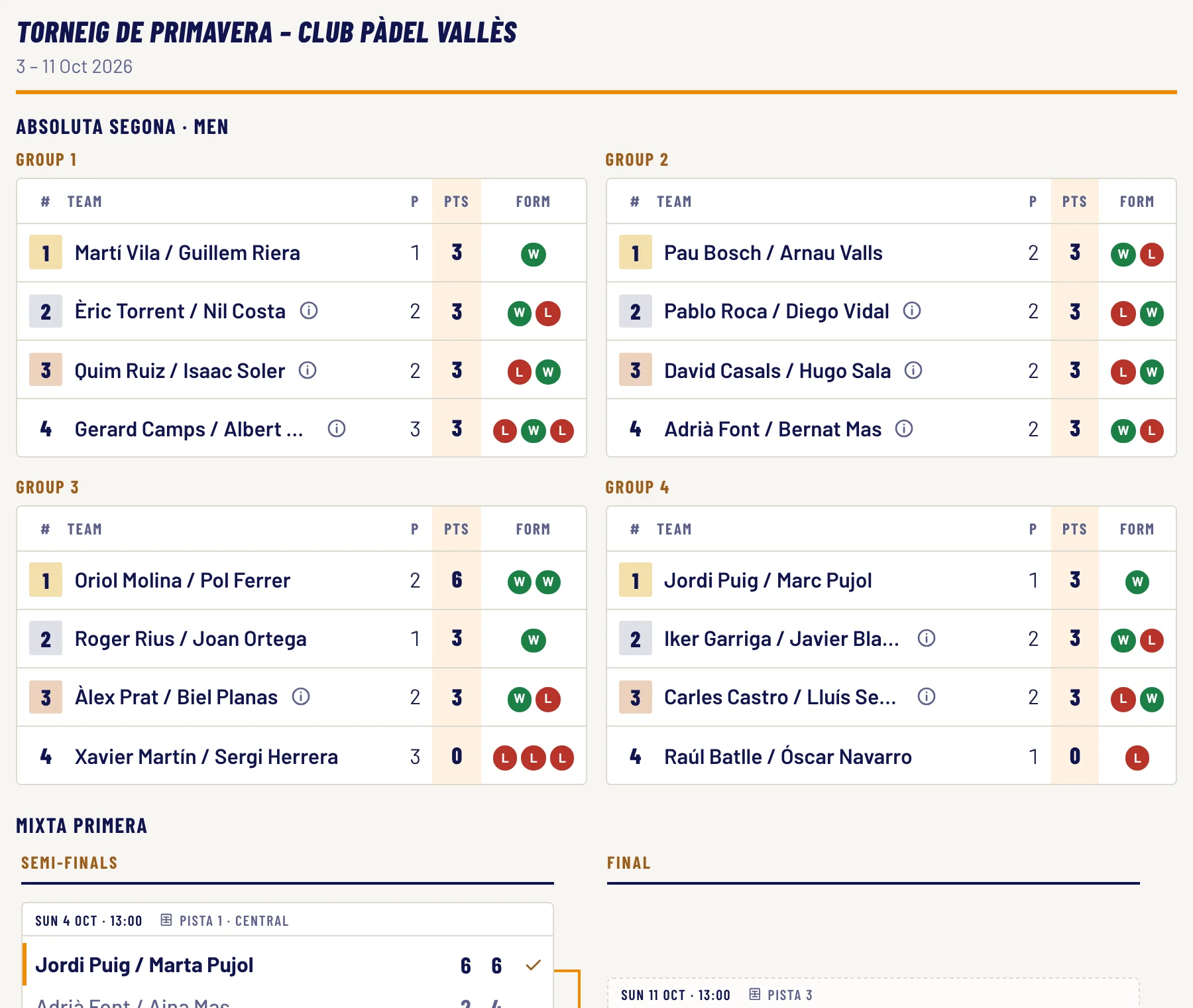 Standings and bracket embedded on a club website