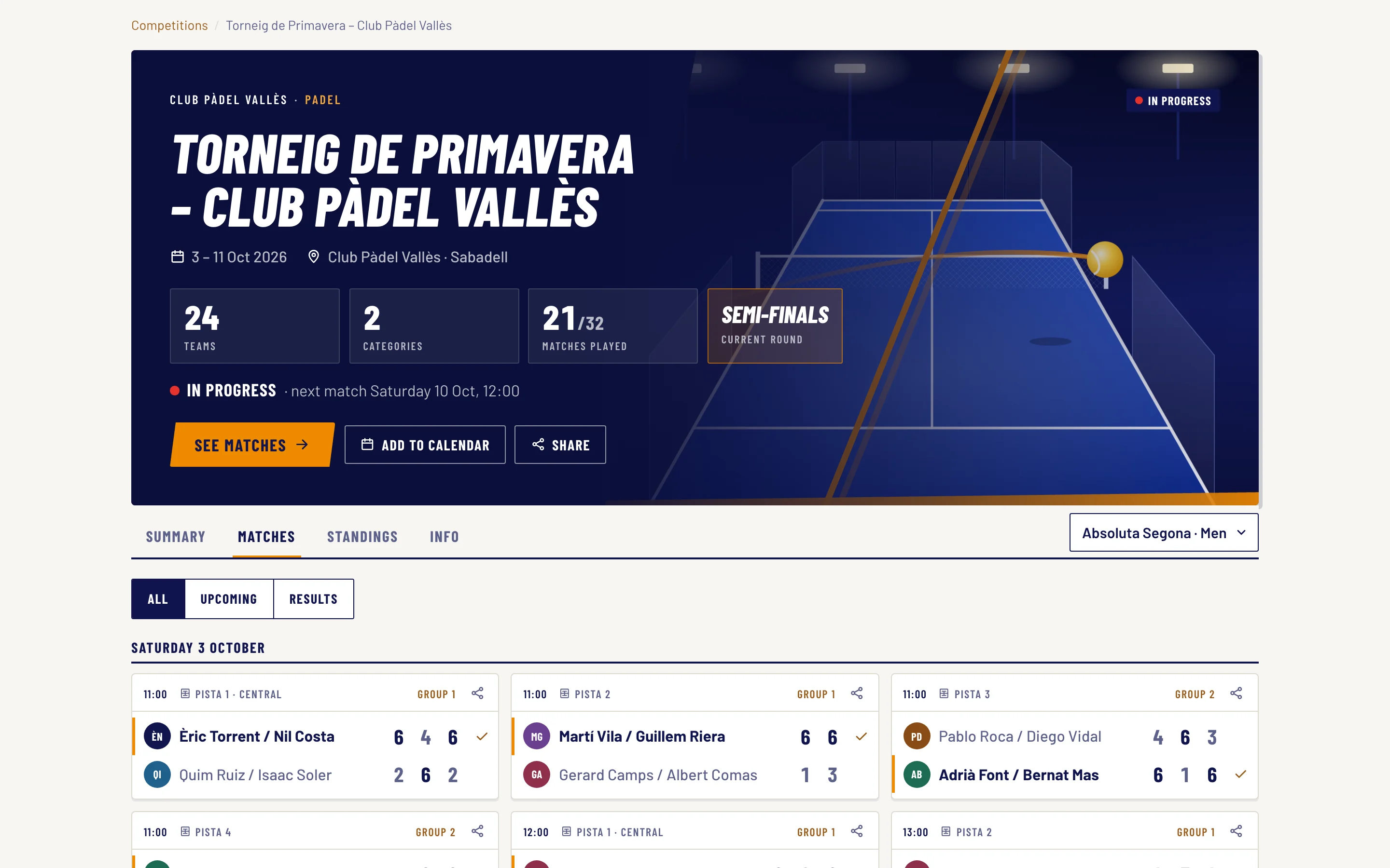 Matches by day, time and court with results on eSportics