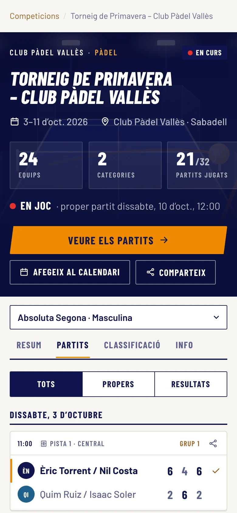 Els partits del torneig al mòbil
