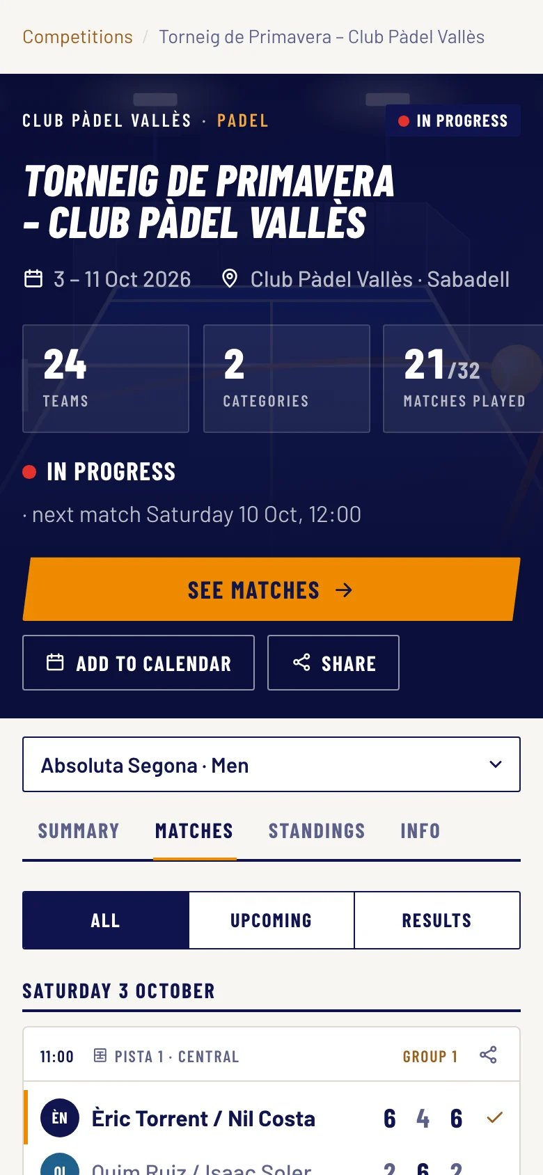 The tournament’s matches on a phone