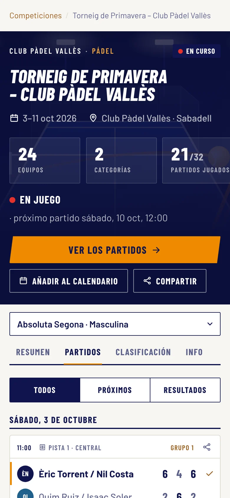 Los partidos del torneo en el móvil